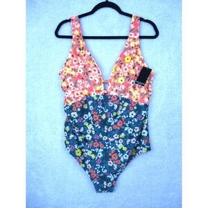 Palisades Floral One Piece Swimsuit Size XL Retro Colorblock High Leg